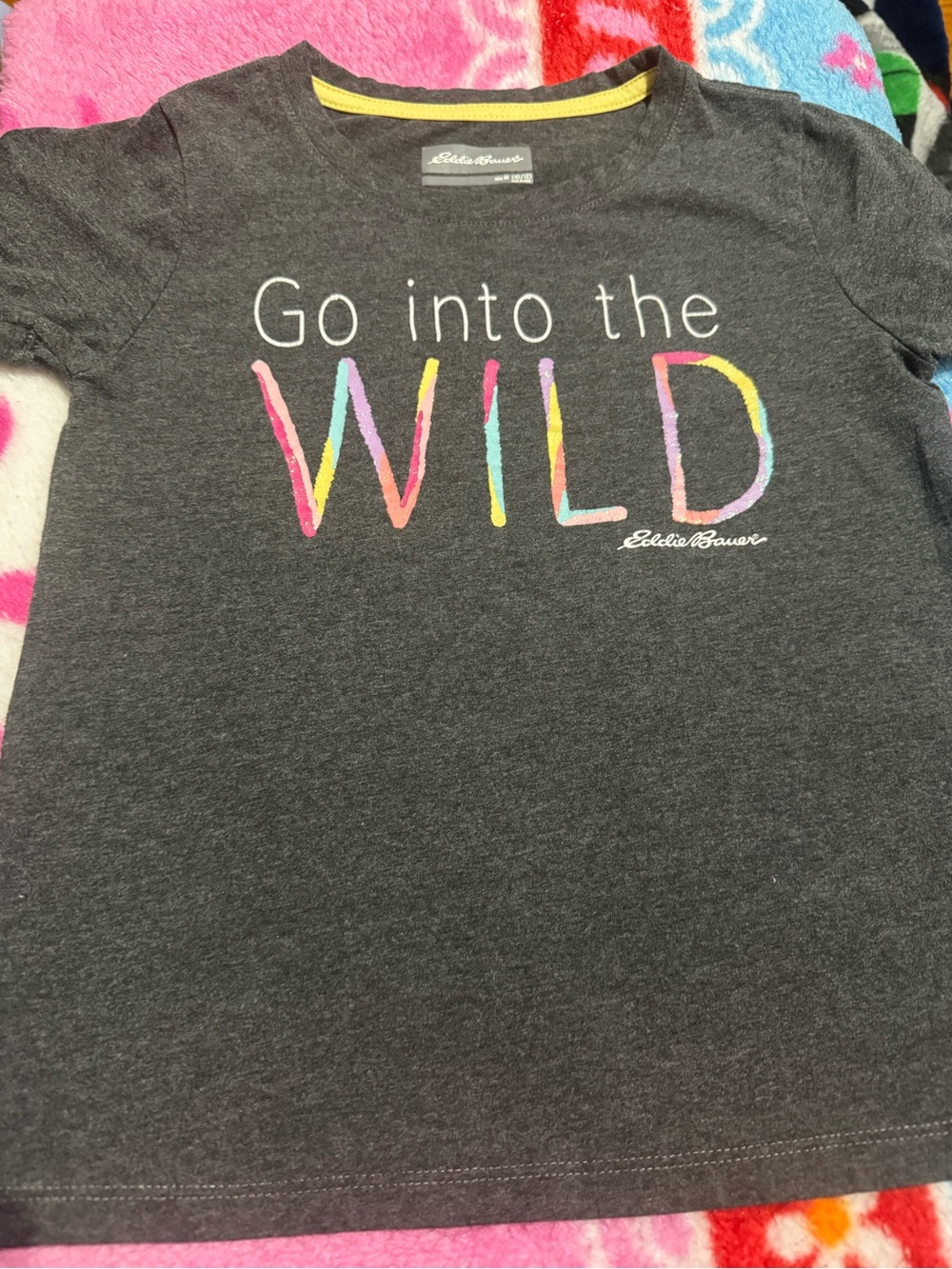 Eddie Bauer Charcoal Tee with Multicolor "WILD" Graphic